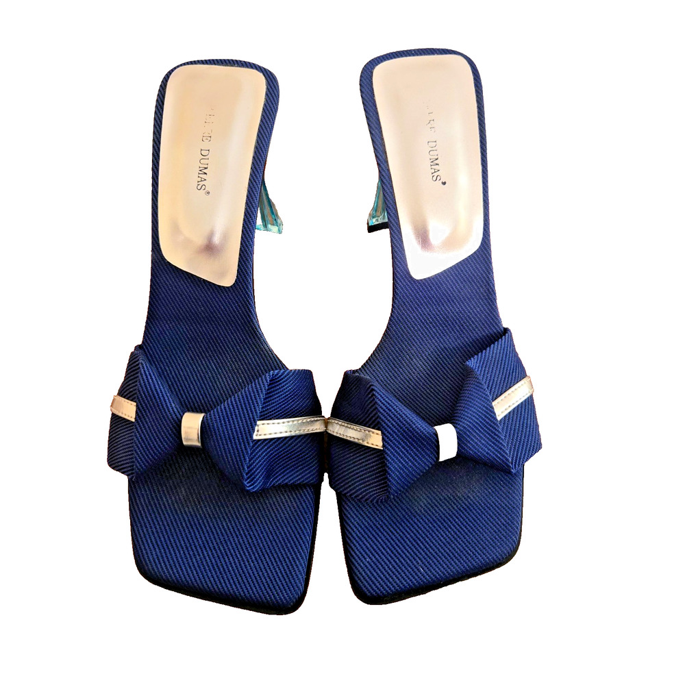 Fabric Slip on Mules Shoes with Blue Lucite heel. 6 - Picture 2 of 8